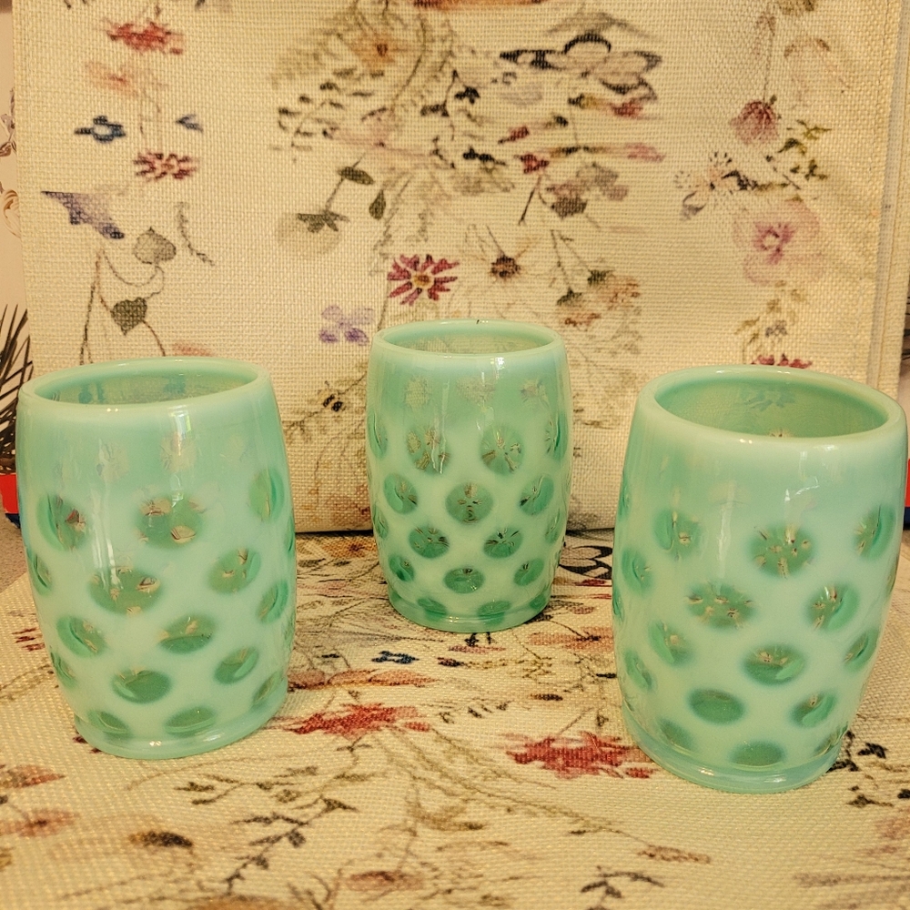RARE FENTON PERSIAN TURQUOISE BLUE OPALESCENT COIN DOT  Tumblers (3)